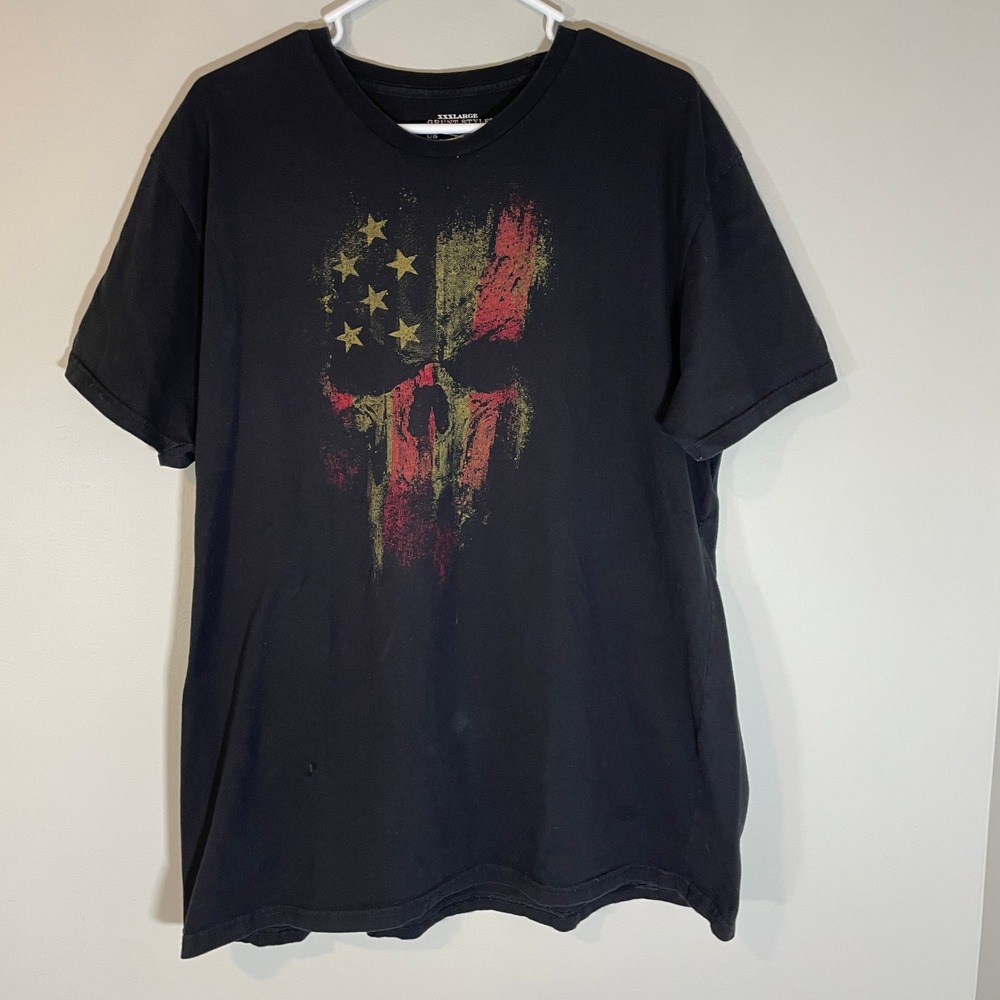 Grunt Style Mens 3XL Black Distressed American Flag Skull Graphic T-Shirt READ